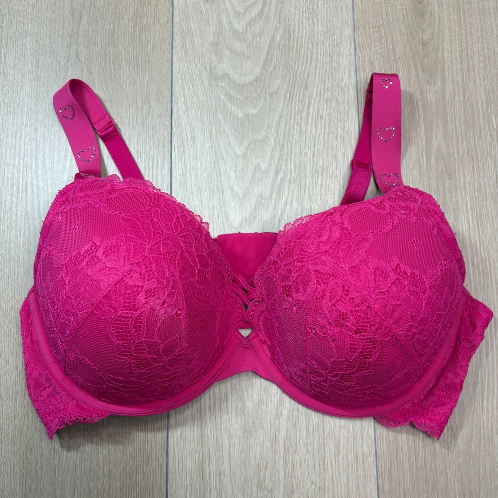 Torrid Hot Pink Lace Rhinestone Heart Strap Push-Up Bra 42DD Plus Padded